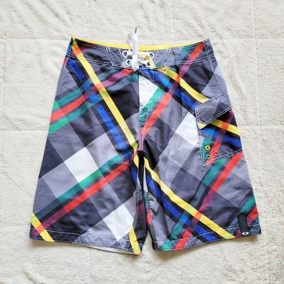 Oakley Mens Plaid & Striped Board Shorts - Picture 1 of 4